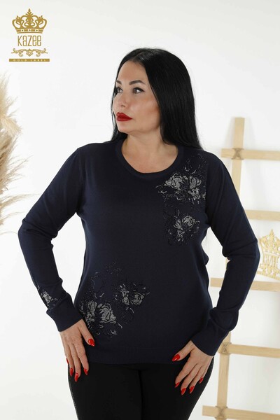 Женский свитер оптом - цветочный принт - темно-синий - 30152 | КАZEE - Thumbnail