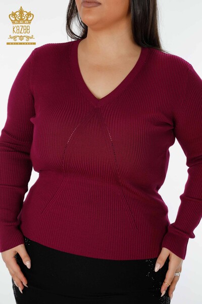 Женский трикотаж оптом свитер с V-образным вырезом фиолетовый - 16249 | КАZEE - Thumbnail