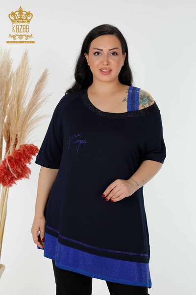 Kazee - женская туника оптом с вышивкой на плечах темно-синего цвета с вышивкой камнем - 77721 | КАZEE