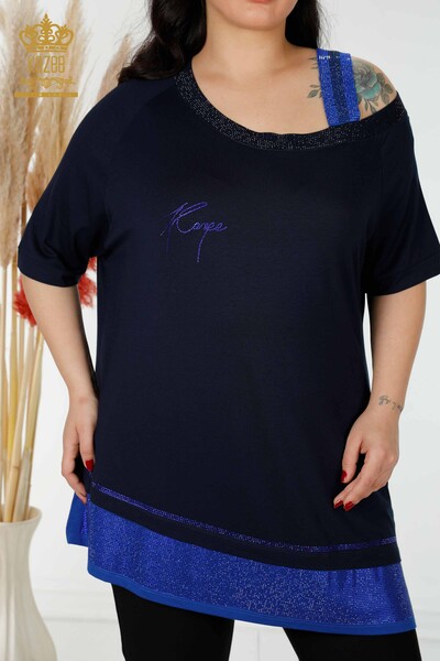Kazee - женская туника оптом с вышивкой на плечах темно-синего цвета с вышивкой камнем - 77721 | КАZEE (1)