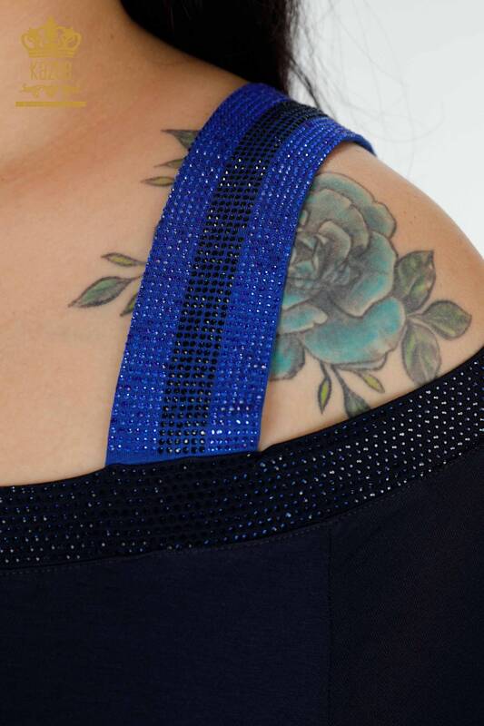 женская туника оптом с вышивкой на плечах темно-синего цвета с вышивкой камнем - 77721 | КАZEE