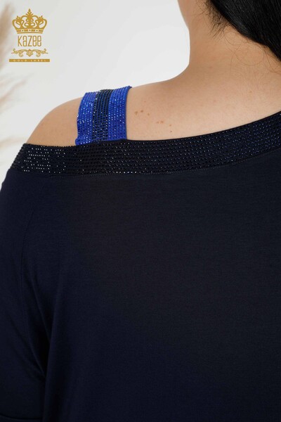 женская туника оптом с вышивкой на плечах темно-синего цвета с вышивкой камнем - 77721 | КАZEE - Thumbnail