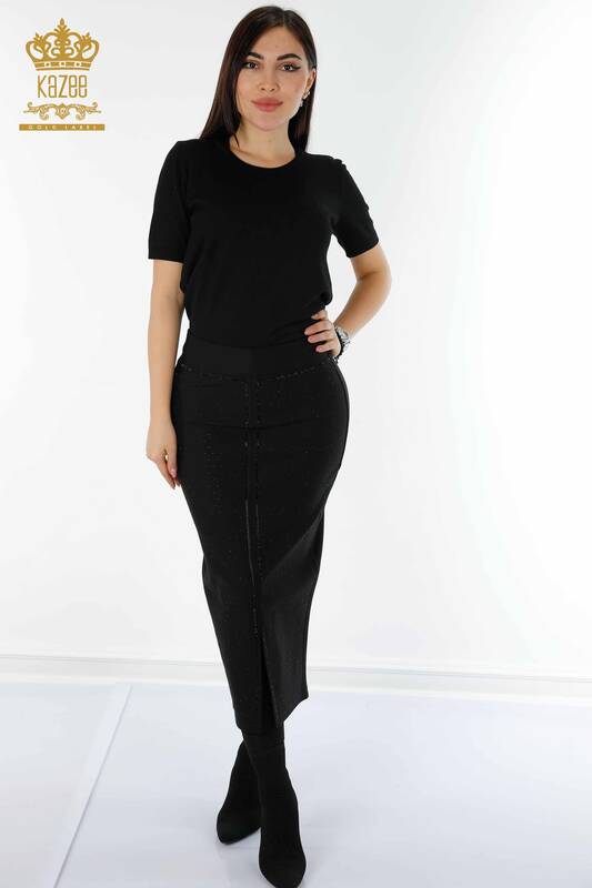 Женская юбка оптом с разрезом и деталями черного цвета - 4192 | КАZEE