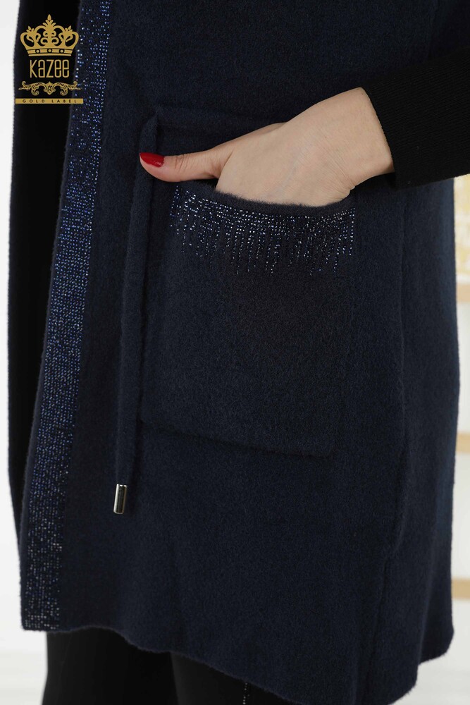 Женский жилет оптом - Вышитый камнем - Связанный веревкой - Темно-синий - 30244 | КАZEE - 4