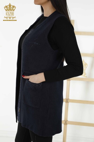Женский жилет оптом - Вышитый камнем - Связанный веревкой - Темно-синий - 30244 | КАZEE - 6