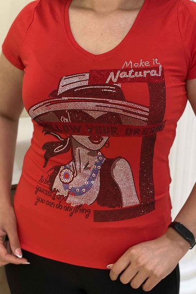 женская бальная блузка с цветным камнем и вышивкой с v-образным вырезом - 77754 | Каzee - Thumbnail