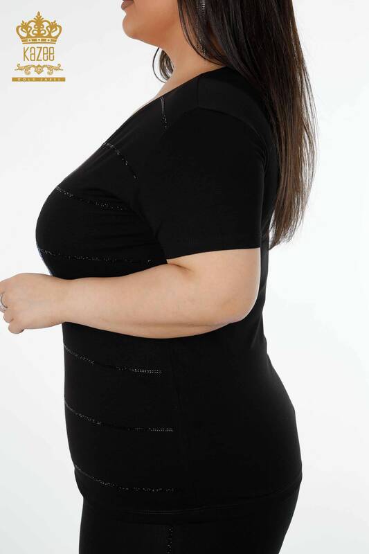 женская блузка оптом с вышивкой камнем с круглым вырезом черного цвета - 78970 | КАZEE