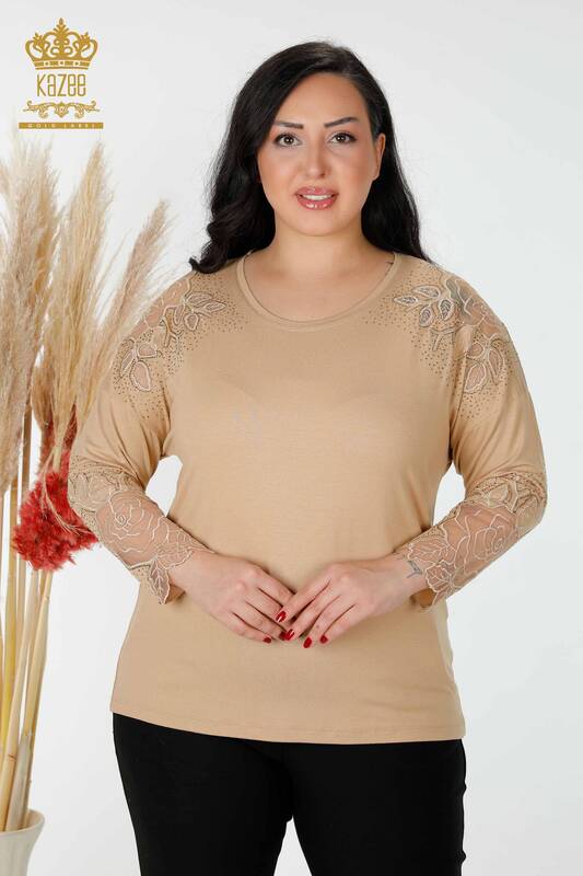 Женская блузка из тюля оптом Бежевый Детальный - 77973 | КАZЕЕ