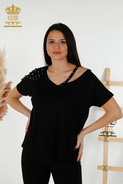Женская блузка оптом - Бисер - Вышитый камень - Черный - 79200 | КАZEE - Thumbnail