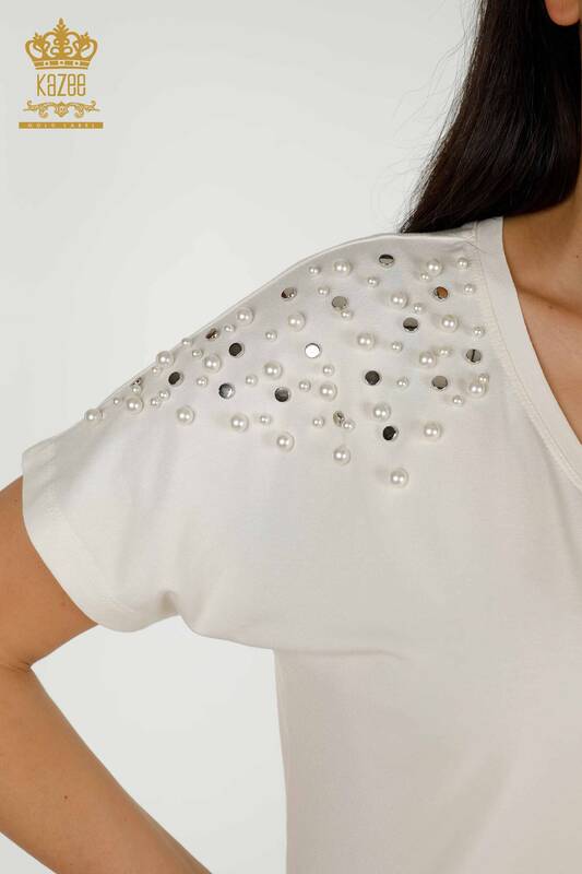 Женская блузка оптом - Бусины Вышитые камнем - Экрю - 79200 | КАZEE