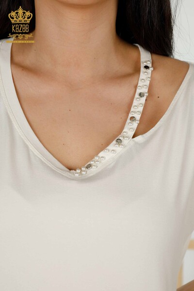 Женская блузка оптом - Бусины Вышитые камнем - Экрю - 79200 | КАZEE - Thumbnail