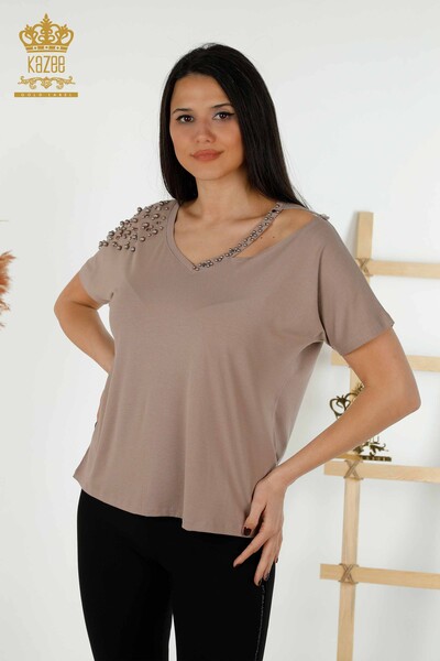 Женская блузка оптом - Бисер - Вышивка камнем - Норка - 79200 | КАZEE - Thumbnail