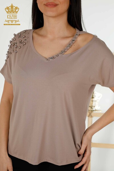 Женская блузка оптом - Бисер - Вышивка камнем - Норка - 79200 | КАZEE - Thumbnail