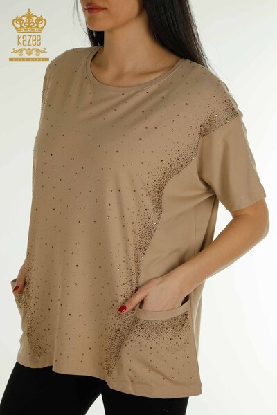 женская блузка оптом - два кармана - с коротким рукавом - бежевый - 79293 | КАZEE - Thumbnail