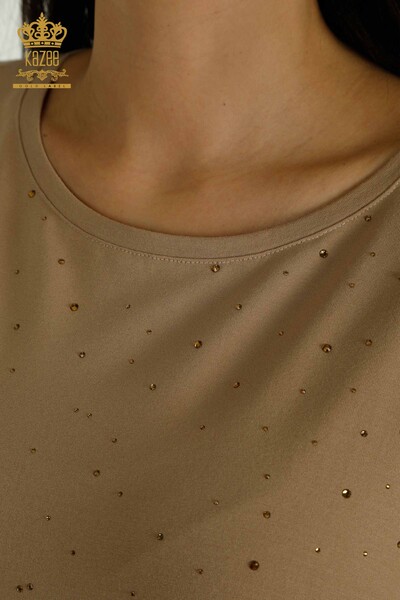 женская блузка оптом - два кармана - с коротким рукавом - бежевый - 79293 | КАZEE - 3