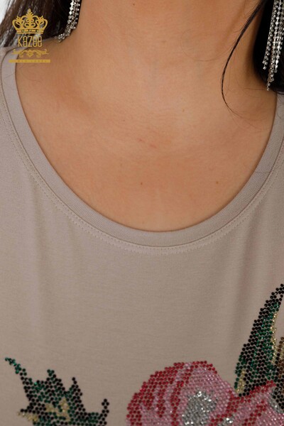 женская блузка оптом бежевая с вышивкой камнем - 77959 | КАZEE - Thumbnail