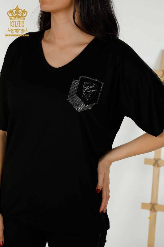 женская блузка оптом - вышитая камнем - черная - 77487 | КАZEE