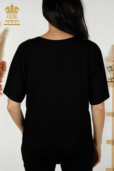 женская блузка оптом - вышитая камнем - черная - 77487 | КАZEE - Thumbnail