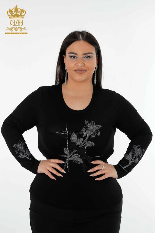 женская блузка оптом с вышивкой камнем черного цвета - 79011 | КАZEE