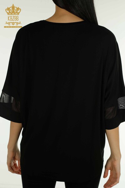 женская блузка оптом - вышитая камнем - черная - 79057 | КАZEE - Thumbnail