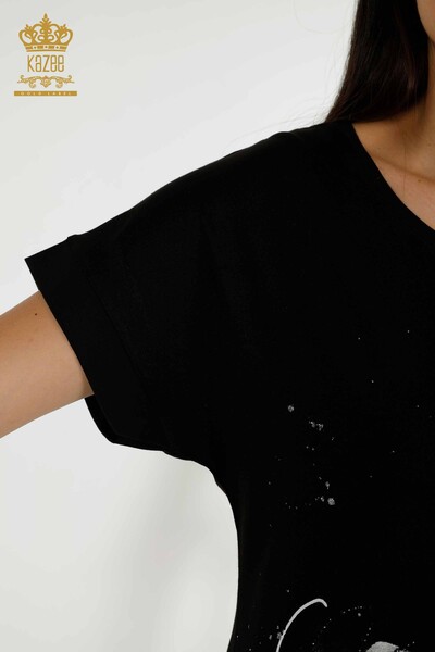 Женская блузка оптом - Вышитая камнем - Черная - 79115 | КАZEE - Thumbnail