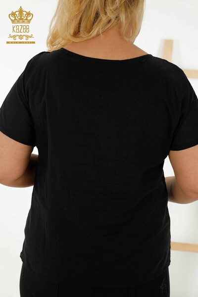 женская блузка оптом - вышитая камнем - черная - 79166 | КАZEE - Thumbnail