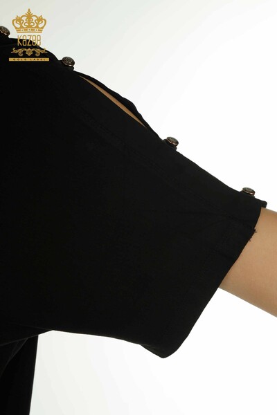 Женская блузка оптом - Вышитая камнем - Черная - 79221 | КАZEE - Thumbnail