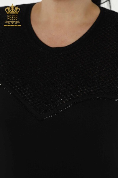 женская блузка оптом - вышитая камнем - черная - 79235 | КАZEE - Thumbnail