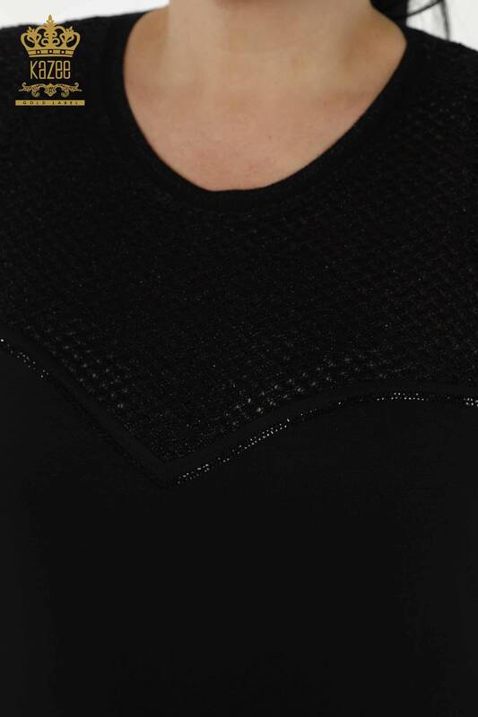 женская блузка оптом - вышитая камнем - черная - 79235 | КАZEE