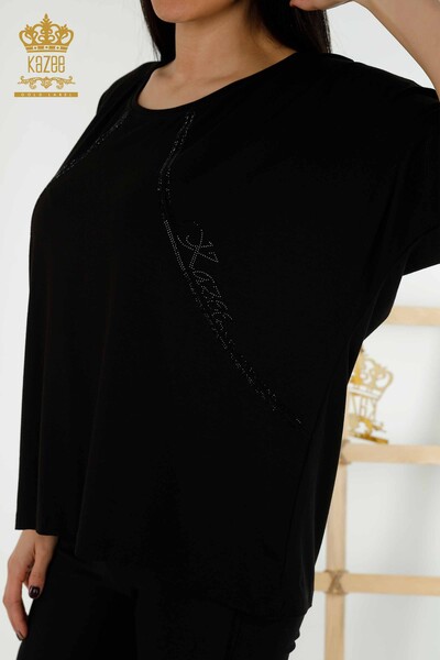 женская блузка оптом - вышитая камнем - черная - 79295 | КАZEE - Thumbnail
