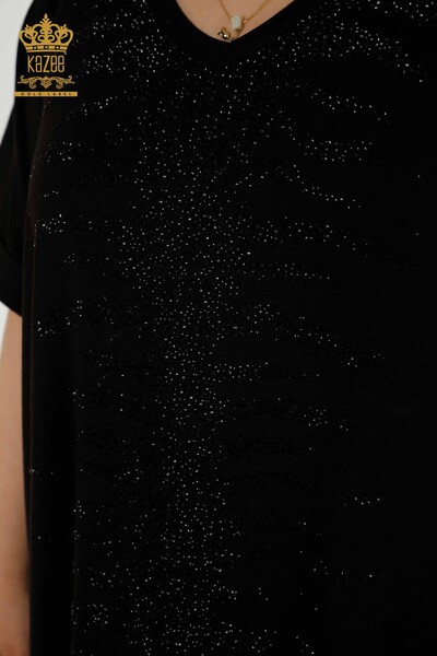 женская блузка оптом - вышитая камнем - черная - 79321 | КАZEE - Thumbnail