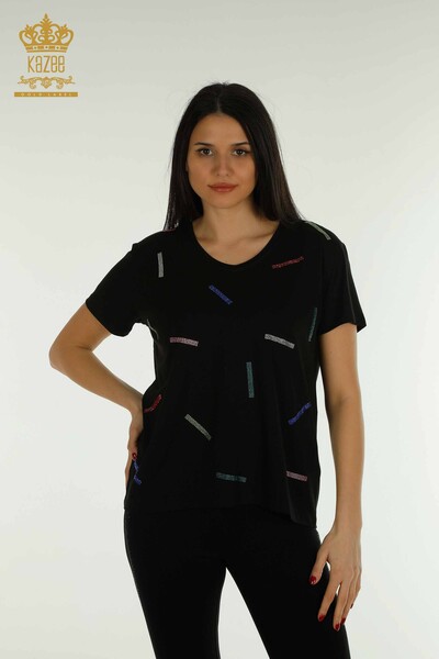 женская блузка оптом - вышитая камнем - черная - 79365 | КАZEE - Thumbnail