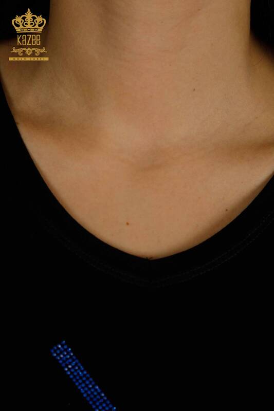 женская блузка оптом - вышитая камнем - черная - 79365 | КАZEE