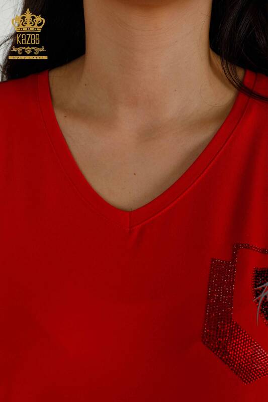 Женская блузка оптом - Вышитая камнем - Красная - 77487 | КАZEE