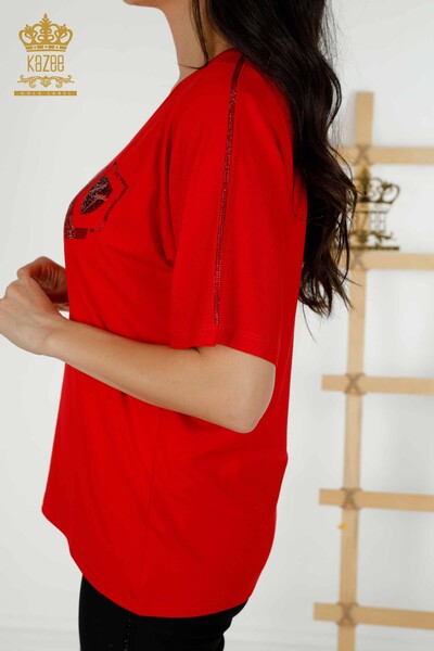 Женская блузка оптом - Вышитая камнем - Красная - 77487 | КАZEE - Thumbnail