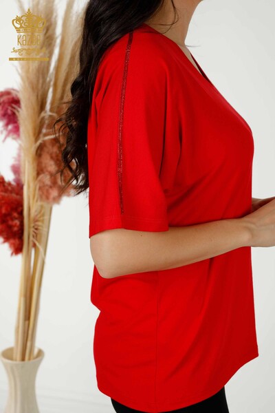 Женская блузка оптом - Вышитая камнем - Красная - 77487 | КАZEE - Thumbnail