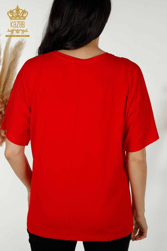 Женская блузка оптом - Вышитая камнем - Красная - 77487 | КАZEE