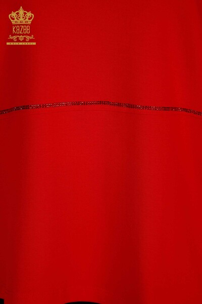 Женская блузка оптом - Вышитая камнем - Красная - 79057 | КАZEE - Thumbnail