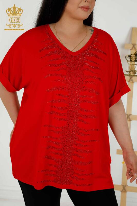 Женская блузка оптом - Вышитая камнем - Красная - 79321 | КАZEE