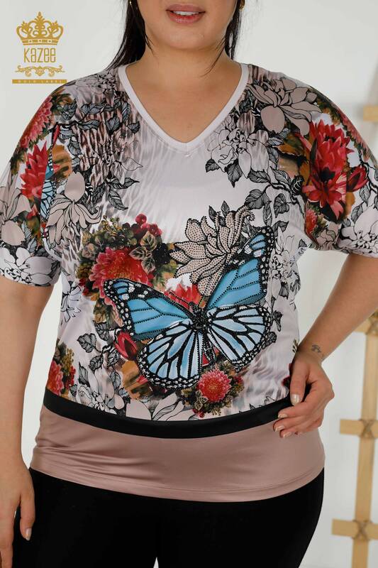 Женская блузка оптом - Вышитая камнем - Норка - 12026 | КАZEE