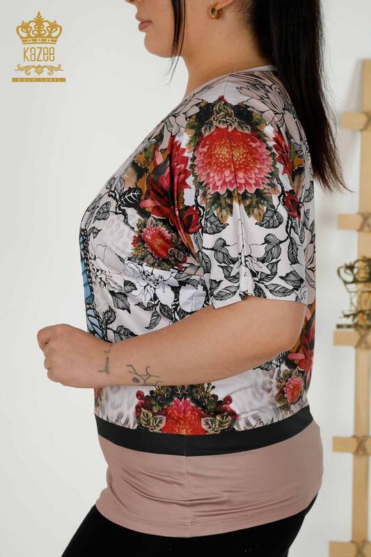 Женская блузка оптом - Вышитая камнем - Норка - 12026 | КАZEE