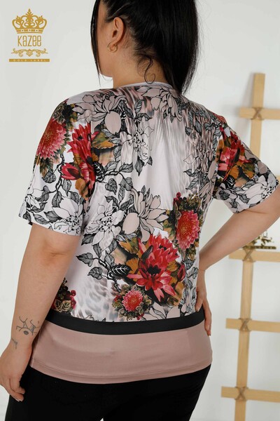 Женская блузка оптом - Вышитая камнем - Норка - 12026 | КАZEE - Thumbnail