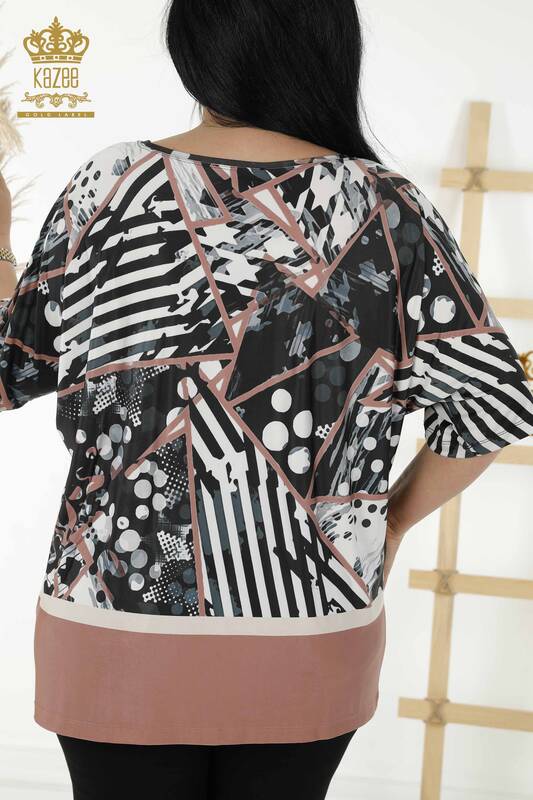 Женская блузка оптом - вышитая камнем - норка - 12052 | KAZEE