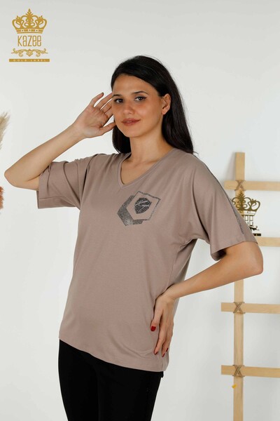 Женская блузка оптом - Вышитая камнем - Норка - 77487 | КАZEE - Thumbnail