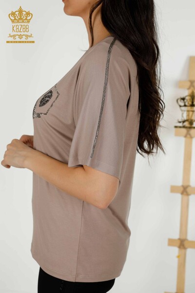 Женская блузка оптом - Вышитая камнем - Норка - 77487 | КАZEE - Thumbnail
