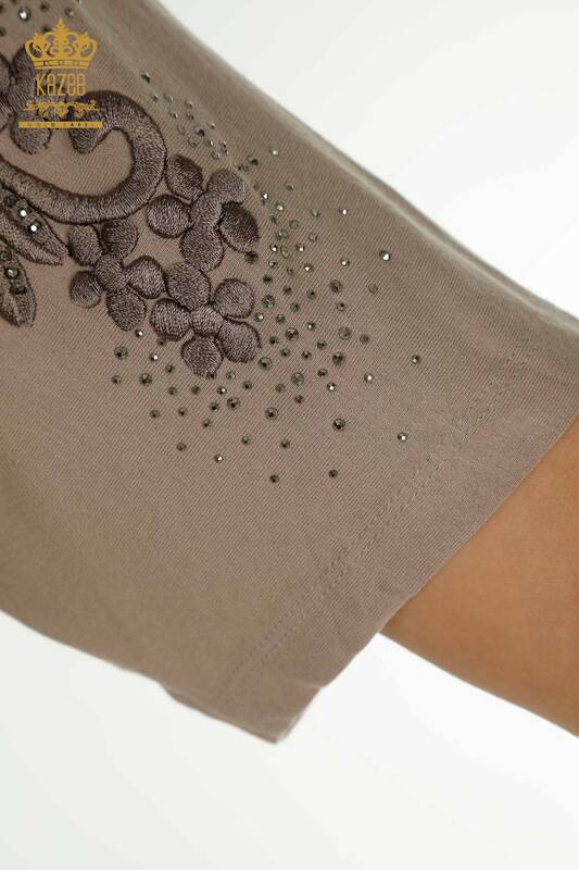 Женская блузка оптом - Вышитая камнем - Норка - 79097 | КАZEE