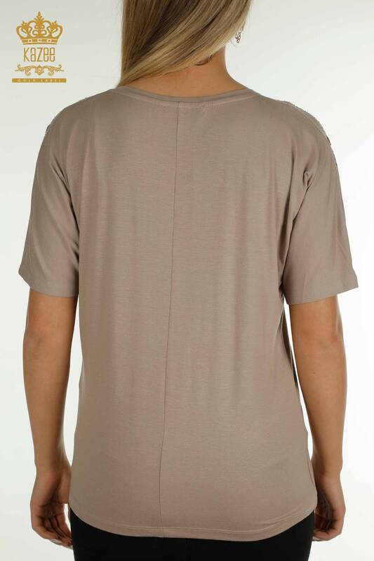 Женская блузка оптом - Вышитая камнем - Норка - 79097 | КАZEE
