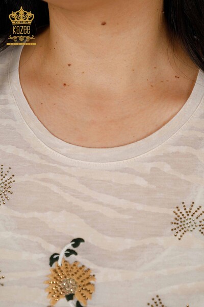 Женская блузка оптом - Вышитая камнем - Норка - 79138 | КАZЕЕ - Thumbnail