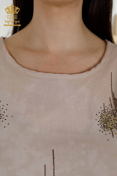 Женская блузка оптом - Вышитая камнем - Норка - 79174 | КАZEE - Thumbnail