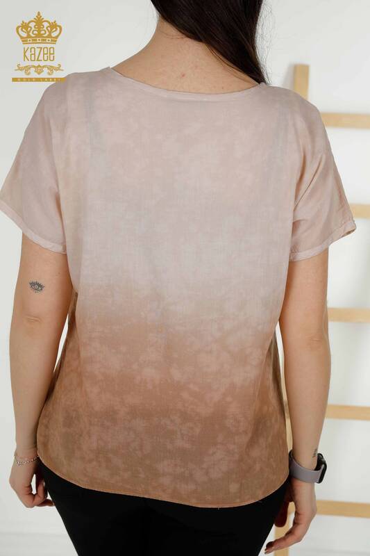 Женская блузка оптом - Вышитая камнем - Норка - 79174 | КАZEE
